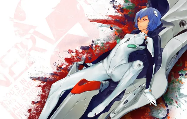 Девушка, костюм, лежит, евангелион, голубые волосы, evangelion, ayanami rei, neon