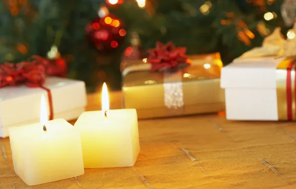 Макро, огонь, пламя, праздник, новый год, свечи, подарки, бантики