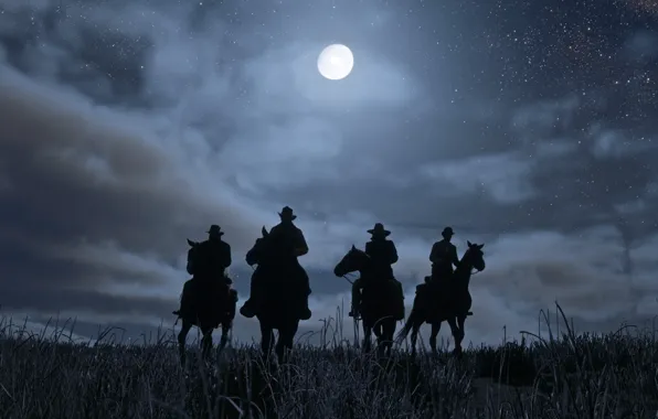 Ночь, луна, ковбои, Red Dead Redemption 2, дикий Запад