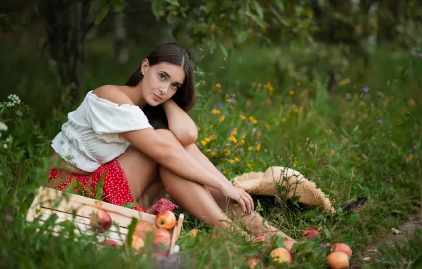 Картинка grass, trees, field, nature, flowers, model, women, brunette