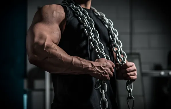 Chains, muscular, arms, broad chest