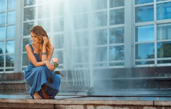 Картинка девушка, розы, фонтан