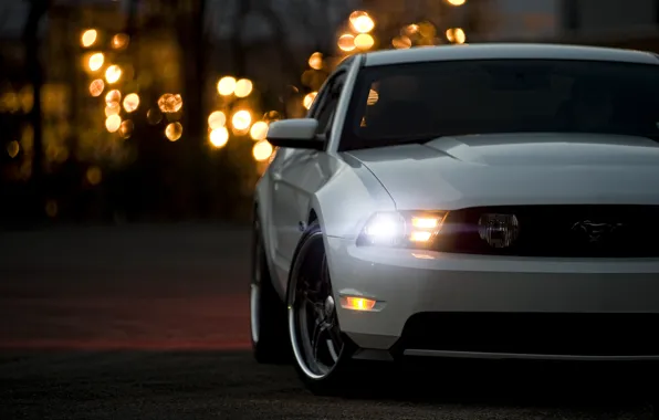 Картинка белый, Mustang, Ford, мустанг, white, мускул кар, форд, блик