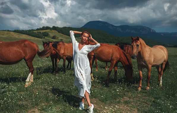 Животные, небо, облака, природа, модель, платье, лошади, Григорий Лифин