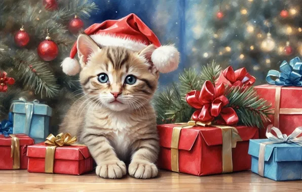 Кошка, взгляд, шарики, ветки, поза, котенок, рисунок, котик