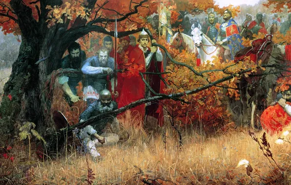 Картинка Дерево, Трава, Картина, Солдаты, Воины, Русские, Советский и российский художник, Михаил Шаньков