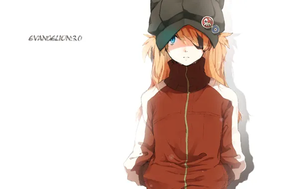 Шапка, белый фон, рыжая, Neon Genesis Evangelion, Asuka Langley Soryu, значки, повязка на глаз, руки …