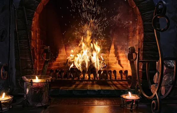 Тепло, комната, настроение, свечи, искры, Рождество, камин, Christmas