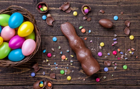 Шоколад, яйца, colorful, кролик, конфеты, Пасха, wood, chocolate