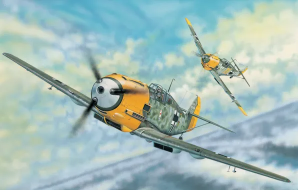 Art, painting, aviation, ww2, Messerschmitt Bf 109E-3