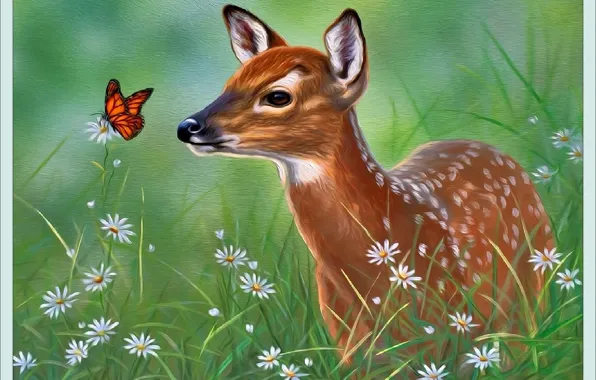 Цветы, картина, олень, арт, ART, живопись, flowers, picture