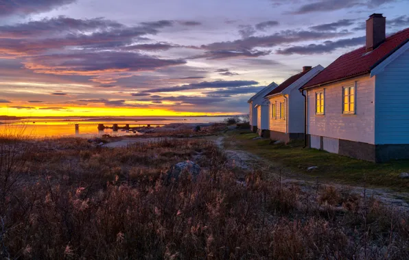 Картинка закат, побережье, вечер, Норвегия, домики