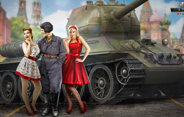 Девушки, рисунок, две, арт, танк, Москва, Кремль, СССР