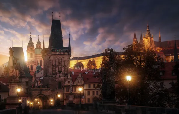 Картинка город, огни, вечер, выдержка, Прага, Чехия