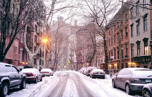 Зима, дорога, свет, снег, деревья, машины, город, улица