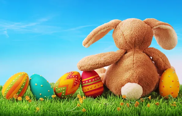 Картинка праздник, игрушка, яйца, кролик, пасха, травка, зайка
