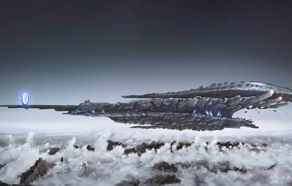 Облака, Горы, Корабль, Fantasy, Art, Космический Корабль, Фантастика, Spaceship