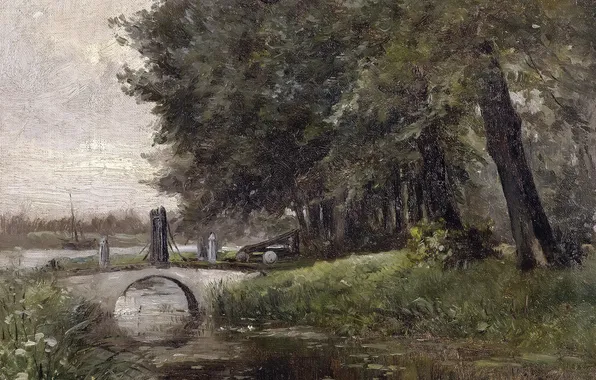 Картинка деревья, мост, река, картина, Карлос де Хаэс, Пейзаж в Неймегене