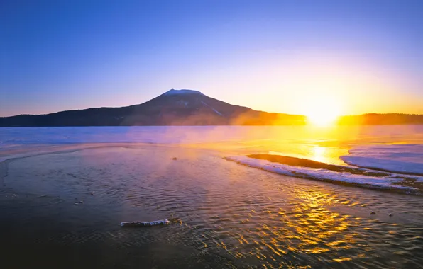 Картинка солнце, озеро, восход, гора, Япония, Хоккайдо