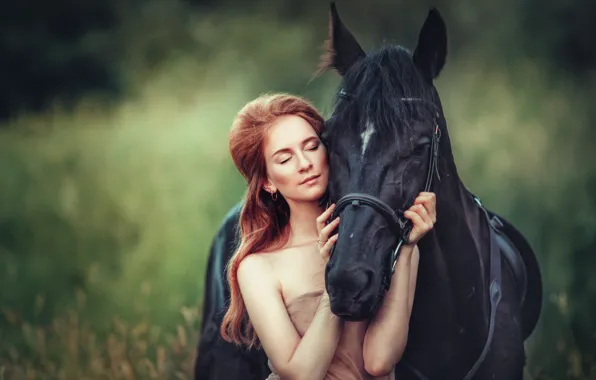 Картинка девушка, природа, настроение, конь, лошадь, портрет, закрытые глаза
