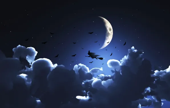 Облака, Ночь, Луна, Ведьма, Halloween, Хеллоуин, Полёт, Лунный свет