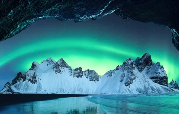 Ночь, красота, северное сияние, скалистые горы, night, beauty, northern lights, seashore