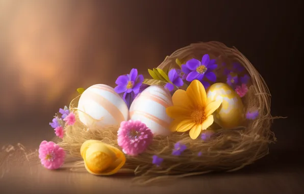 Картинка цветы, яйца, Пасха, гнездо, крашенки, нейросеть