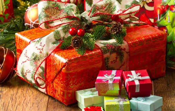 Картинка бумага, стол, игрушки, елка, Новый Год, Рождество, лента, подарки