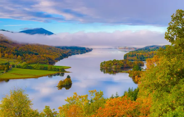 Осень, облака, деревья, озеро, Шотландия, Scotland, Perthshire, Schiehallion