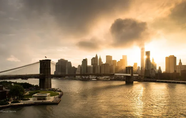 Мост, город, отражение, Manhattan, New York City, World Trade Center, Manhattan Bridge, East river