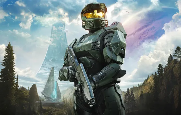 Gun, forest, sky, weapon, cloud, man, pose, rifle