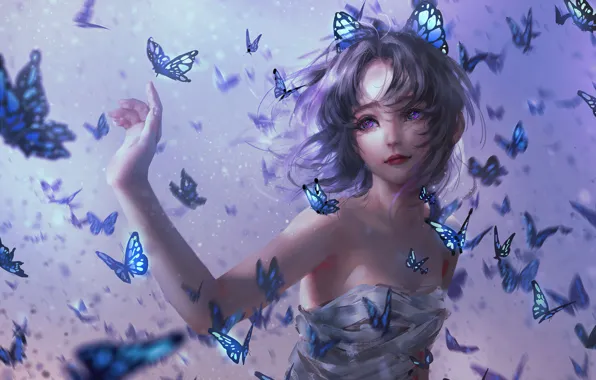 Девушка, Girl, Бабочки, Волосы, Kimetsu no Yaiba, Фиолетовые глаза, Purple Eyes, Kochou Shinobu