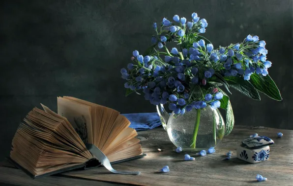 Картинка цветы, голубые, шкатулка, книга, ваза, натюрморт, весенние