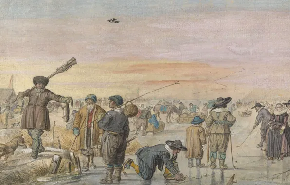 Рисунок, Хендрик Аверкамп, Hendrick Avercamp, 1595, Сцена на льду. Охотник показывает выдру