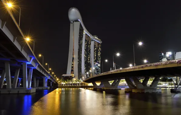 Картинка Огни, Мост, Ночь, Город, Корабль, Сингапур, Небоскреб