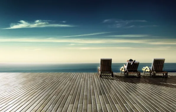 Картинка океан, отдых, безмятежность, человек, кресла, терраса, бесконечность, бескрайность