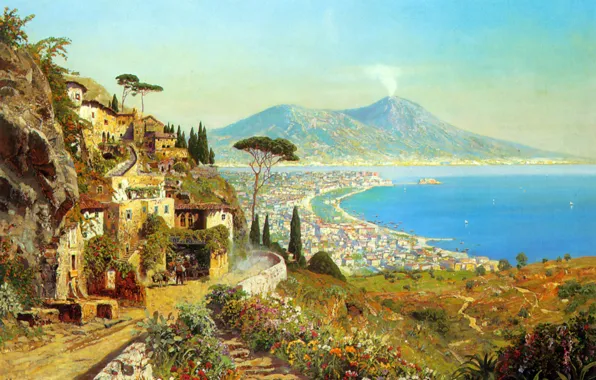 Картинка море, пейзаж, горы, вулкан, Италия, залив, живопись, Неаполь