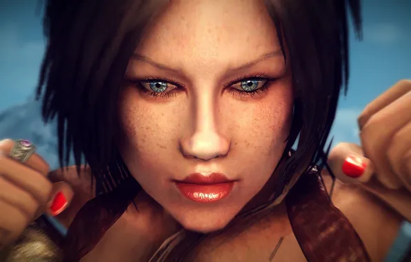 Картинка глаза, девушка, игра, рыжая, красивые, The Elder Scrolls V Skyrim, красные ногти