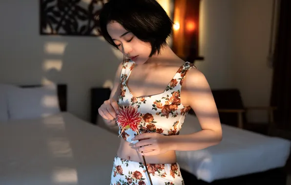 Beautiful, Asian, Model, Flower, Bed, Woman, Pretty, Japanese