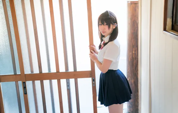 Beautiful, Asian, Model, Woman, Pretty, Uniform, Door, Indoor
