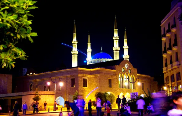Картинка ночь, night, Ливан, Beirut, Бейрут, Lebanon, mosque Al-Omari, Мечеть Аль-Омари