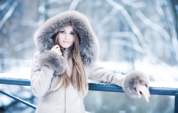 Картинка зима, взгляд, девушка, куртка, мех
