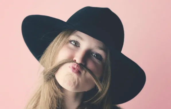 Усы, девушка, лицо, эмоции, волосы, шляпа, girl, hat