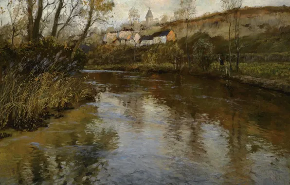 Природа, река, дома, картина, Речной Пейзаж, Фриц Таулов, Frits Thaulow