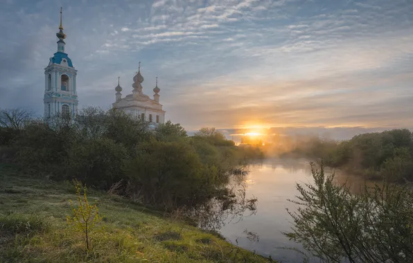 Картинка река, восход, рассвет, утро, храм, Россия, Ярославская область, Савинское