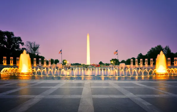 Огни, вечер, фонтан, Вашингтон, США, обелиск, округ Колумбия, Национальный мемориал ветеранам Второй мировой войны