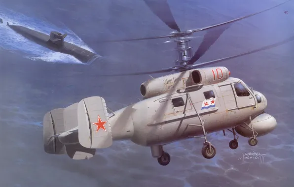 Картинка море, небо, вода, лодка, рисунок, вертолёт, подводная, советский