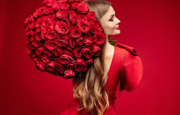 Девушка, цветы, розы, букет, платье, red, girl, dress