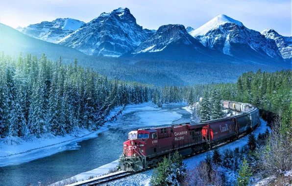 Картинка Зима, Горы, Река, Banff National Park, Товарняг