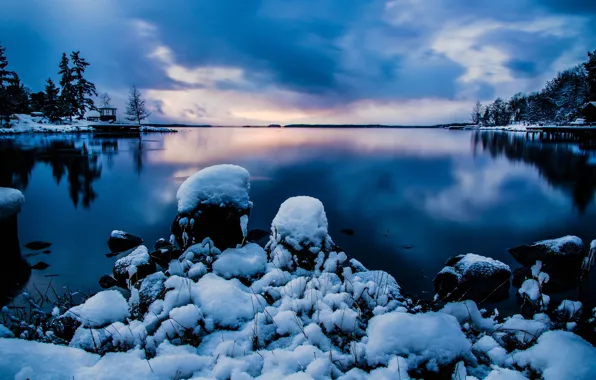 Картинка зима, небо, вода, снег, природа, камни, вечер, Стокгольм